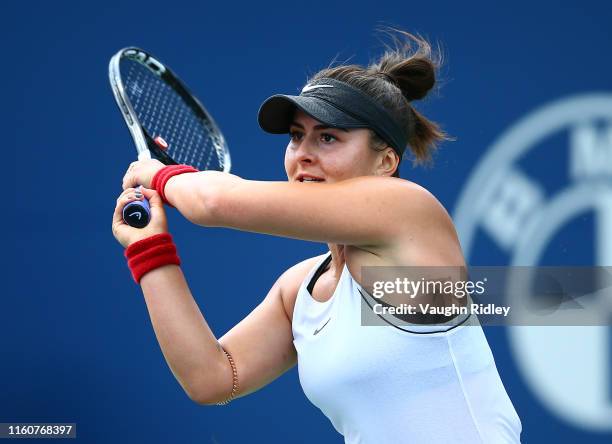 Bianca Andreescu of Canada hits a shot against Sofia Kenin of the United States during a semifinal match on Day 8 of the Rogers Cup at Aviva Centre...