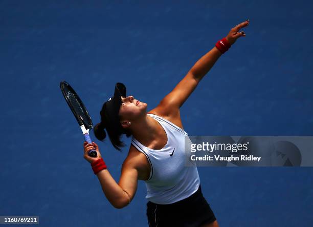 Bianca Andreescu of Canada serves against Sofia Kenin of the United States during a semifinal match on Day 8 of the Rogers Cup at Aviva Centre on...