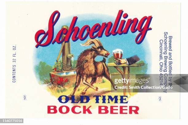 Vintage beer bottle label, with an image of a male goat reaching for a glass of beer, labeled "Schoenling Old Time Bock Beer, " manufactured by the...
