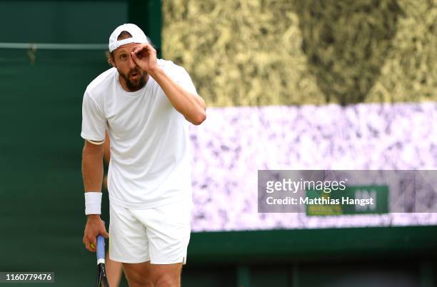 Tennys Sandgren of The United States reacts in his Men's Singles fourth round match against Sam Querrey of The United States during Day Seven of The...