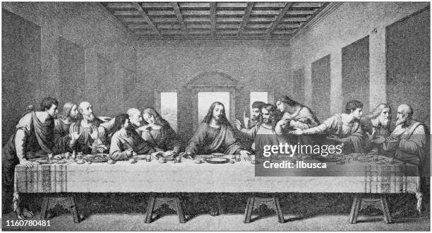 antique black and white photo of travel around the world: the last supper by leonardo da vinci - last supper stock illustrations