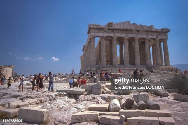 Le temple grec antique du Parthénon sur l'Acropole à Athènes en septembre 1978, Grèce.