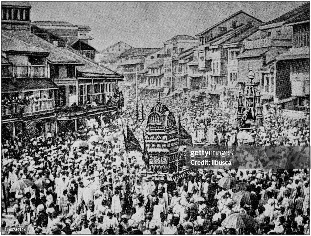 Antique black and white photo of travel around the World: Festival in Bombay