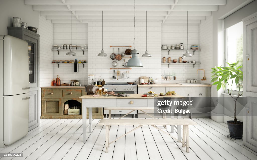 Cozinha doméstica escandinava e sala de jantar