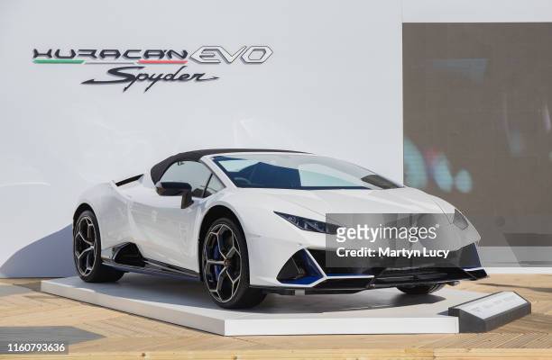 The Lamborghini Huracan Evo Spyder seen at Goodwood Festival of Speed 2019 on July 4th in Chichester, England. The annual automotive event is hosted...