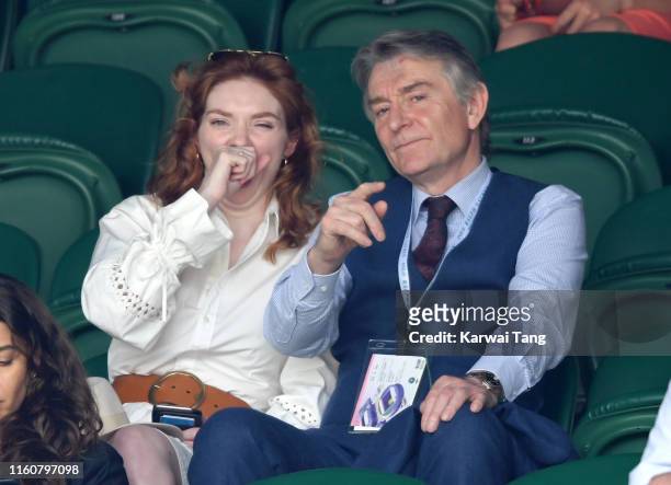 Eleanor Tomlinson attends day seven of the Wimbledon Tennis Championships at All England Lawn Tennis and Croquet Club on July 08, 2019 in London,...