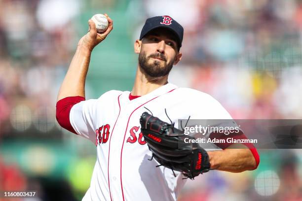 Rick Porcello of the Boston Red Sox pitches in the first inning of a game against the Los Angeles Angels at Fenway Park on August 10, 2019 in Boston,...