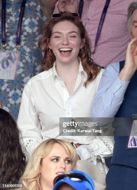 Eleanor Tomlinson celebrates after Johanna Konta beat Petra Kvitova on day seven of the Wimbledon Tennis Championships at All England Lawn Tennis and...