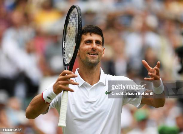 Novak Djokovic of Serbia celebrates victory in his Men's Singles fourth round match against Ugo Humbert of France during Day Seven of The...