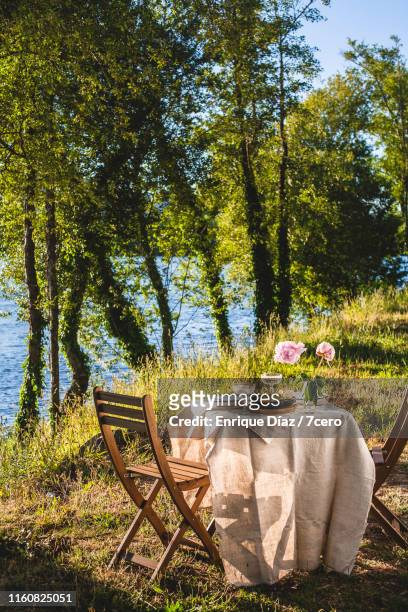 outdoor dinner by the minho river at sunset - outdoor table stock pictures, royalty-free photos & images