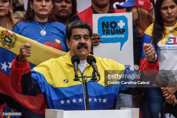 Nicolas Maduro President of Venezuela gestures during a speech in an anti-trump demostration on August 10, 2019 in Caracas, Venezuela. President...