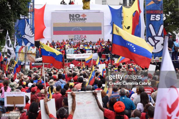 Nicolas Maduro President of Venezuela gives a speech during an anti-trump demostration on August 10, 2019 in Caracas, Venezuela. President Nicolas...