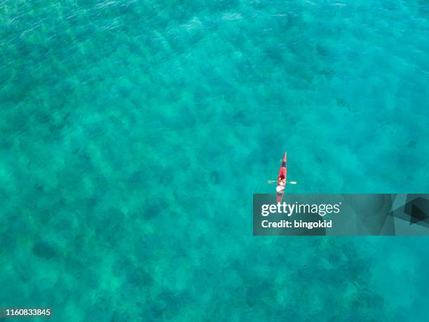 woman paddling a kayak from above - sea kayak stock pictures, royalty-free photos & images