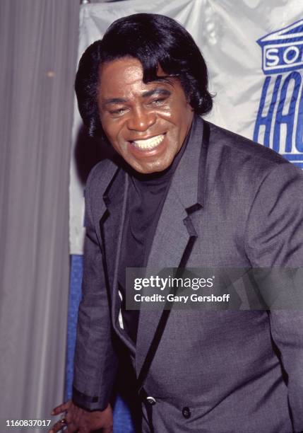 Portrait of American R&B and Soul musician James Brown as he attends the Songwriters Hall of Fame Awards Dinner at the New York Sheraton Hotel, New...