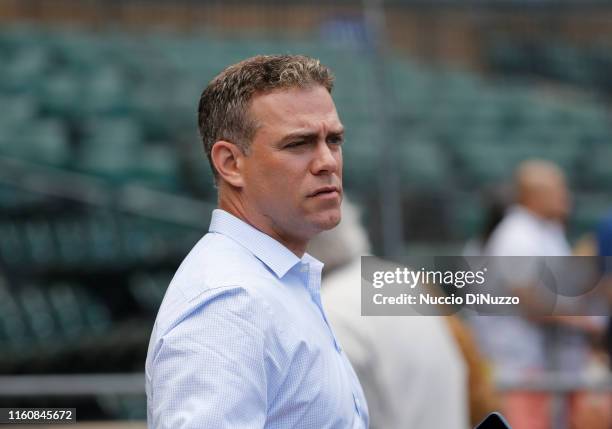 Chicago Cubs President of baseball operations Theo Epstein prior to the start of the game against the Chicago White Sox at Guaranteed Rate Field on...