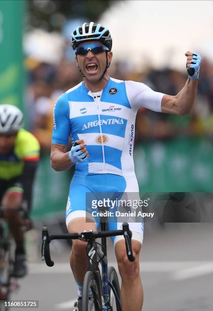 Maximiliano Richeze of Argentina celebrate after wining the gold medal in Road Race Men Finals at Costa Verde San Miguel on Day 15 of Lima 2019 Pan...