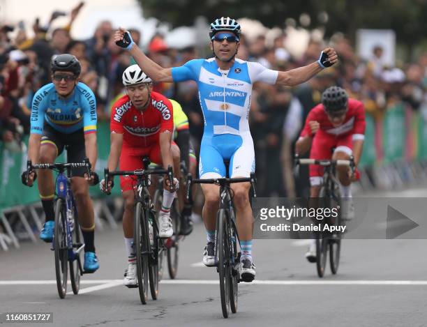 Maximiliano Richeze of Argentina celebrate after wining the gold medal in Road Race Men Finals at Costa Verde San Miguel on Day 15 of Lima 2019 Pan...