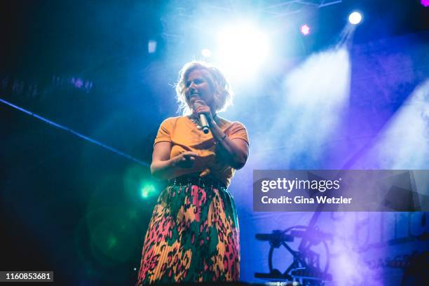 Swiss singer Beatrice Egli performs live on stage during the SchlagerOlymp Open Air festival at Freizeit und Erholungspark Luebars on August 10, 2019...