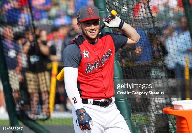 Alex Bregman of the Houston Astros and the American League looks on during Gatorade All-Star Workout Day at Progressive Field on July 08, 2019 in...
