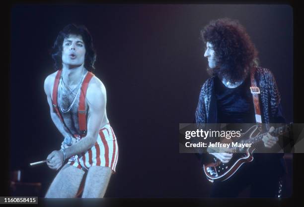 Musicians Freddie Mercury and Brian May of Queen perform in concert on March 9, 1976 at The Santa Monica Civic Auditorium in Santa Monica, California.
