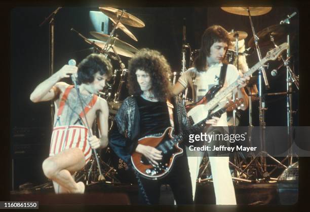 Musicians Freddie Mercury, Brian May, John Deacon and Roger Taylor of Queen perform in concert on March 9, 1976 at The Santa Monica Civic Auditorium...