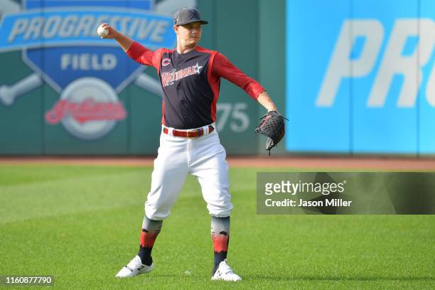 Sonny Gray of the Cincinnati Reds and the National League participates during Gatorade All-Star Workout Day at Progressive Field on July 08, 2019 in...
