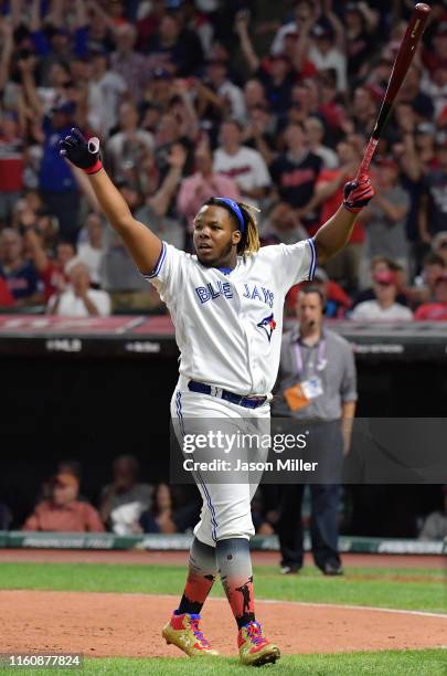 Vladimir Guerrero Jr. Of the Toronto Blue Jays reacts during the T-Mobile Home Run Derby at Progressive Field on July 08, 2019 in Cleveland, Ohio.