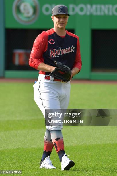 Sonny Gray of the Cincinnati Reds and the National League participates during Gatorade All-Star Workout Day at Progressive Field on July 08, 2019 in...