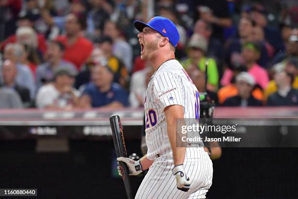 Pete Alonso of the New York Mets reacts during the T-Mobile Home Run Derby at Progressive Field on July 08, 2019 in Cleveland, Ohio.