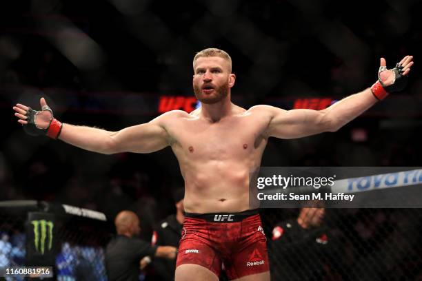 Jan Blachowicz of Poland looks on after defeating Luke Rockhold of the United States by TKO in their UFC 239 Light Heavyweight bout at T-Mobile Arena...