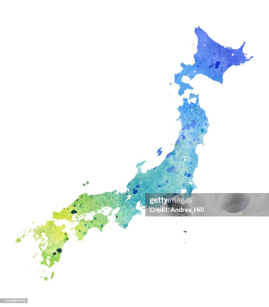 Japan Raster Map Watercolor Illustration in Blue and Green