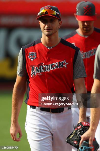 Jake Odorizzi of the Minnesota Twins and the American League looks on during Gatorade All-Star Workout Day at Progressive Field on July 08, 2019 in...