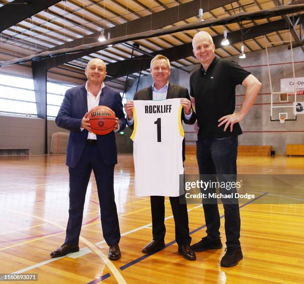 Tasmania Deputy Premier Jeremy Rockliff poses with NBL executive director Larry Kestelman and NBL legend Andrew Gaze during a NBL media opportunity...