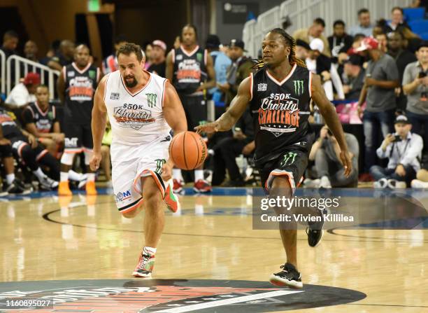 Adam "Pacman" Jones dribbles upcourt during the Monster Energy $50K Charity Challenge Celebrity Basketball Game at UCLA's Pauley Pavilion on July 08,...