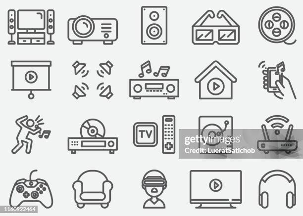 ilustraciones, imágenes clip art, dibujos animados e iconos de stock de iconos de la línea de electrónica de entretenimiento en el hogar - dvd