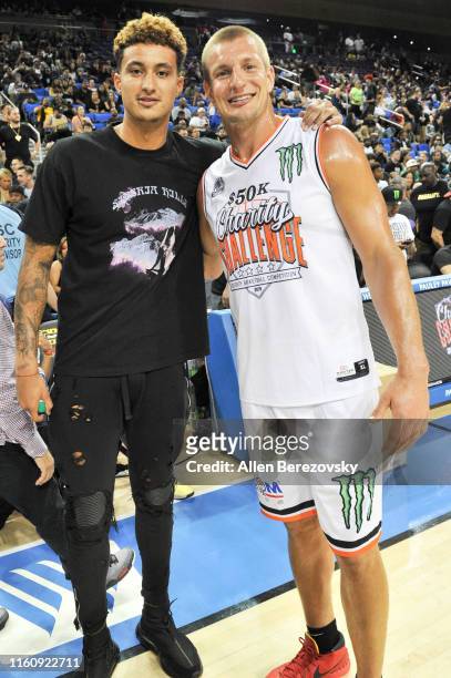 Kyle Kuzma and Rob Gronkowski attend the Monster Energy $50K Charity Challenge Celebrity Basketball Game at UCLA's Pauley Pavilion on July 08, 2019...