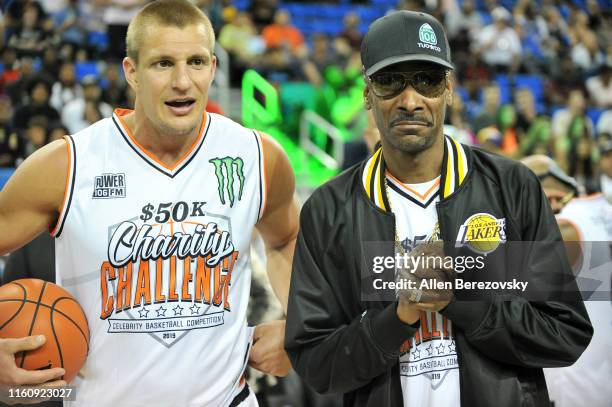 Rob Gronkowski and Snoop Dogg attend the Monster Energy $50K Charity Challenge Celebrity Basketball Game at UCLA's Pauley Pavilion on July 08, 2019...