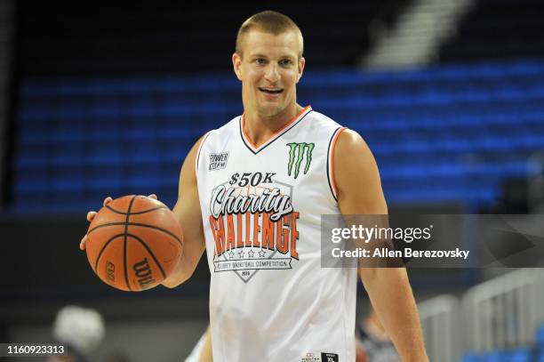 Rob Gronkowski participates in the Monster Energy $50K Charity Challenge Celebrity Basketball Game at UCLA's Pauley Pavilion on July 08, 2019 in...