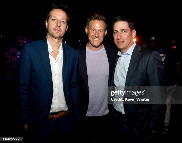 Dave Andron, Trevor Engelson and Eric Shrier pose at the after party for the premiere of FX's "Snowfall" at USC on July 08, 2019 in Los Angeles,...