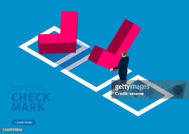 businessman chooses check mark and puts it in the check box - liso stock illustrations