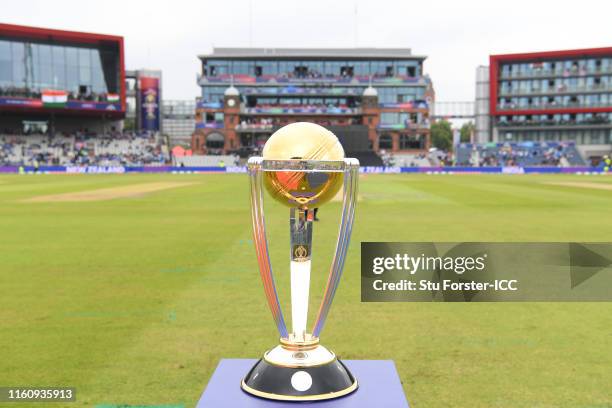 Detailed view of the Cricket World Cup Trophy during the Semi-Final match of the ICC Cricket World Cup 2019 between India and New Zealand at Old...