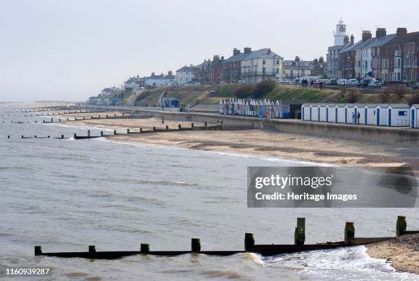 Southwold, 24/5/10. The beach and groyne extending into the North Sea with the town in the distance. Southwold, Suffolk, England. Artist Ethel Davies.