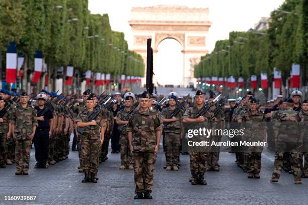 French military gets ready to march down the Champs Elysee during the Bastille Day military ceremony rehearsals on July 9, 2019 in Paris, France. The...