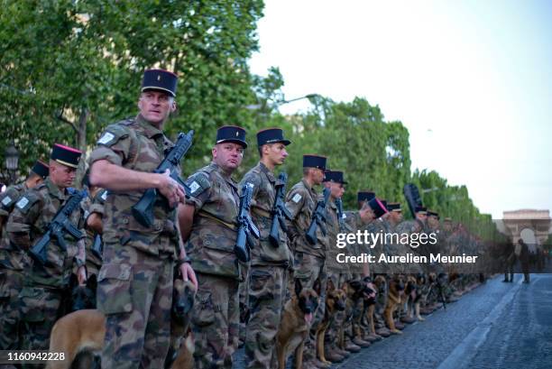 French Canine Infantry Regiment gets ready to march down the Champs Elysee during the Bastille Day military ceremony rehearsals on July 9, 2019 in...