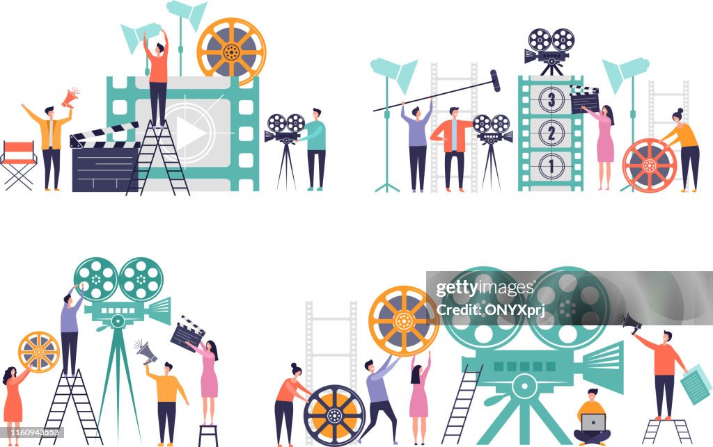 Filming Computer Graphics Movie Production Concept Flat Characters Making Films Video Camera ...