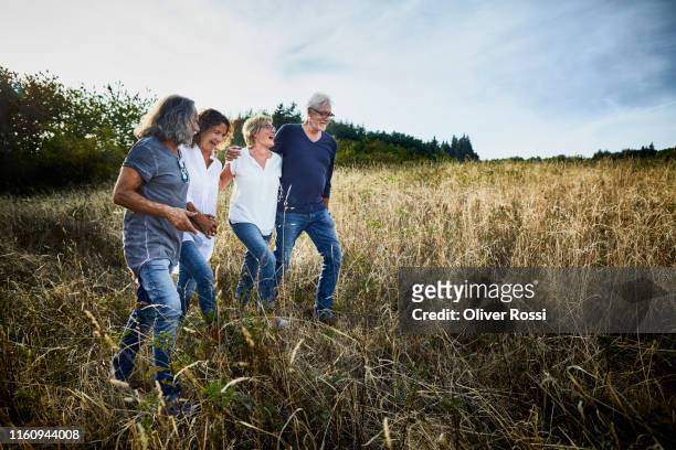 happy mature friends walking in a field - four people walking stock pictures, royalty-free photos & images
