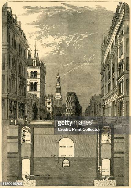 Section of the Holborn Viaduct, Showing the Subways', circa 1876. Work on the world?s first underground railway began in 1860, by the Metropolitan...