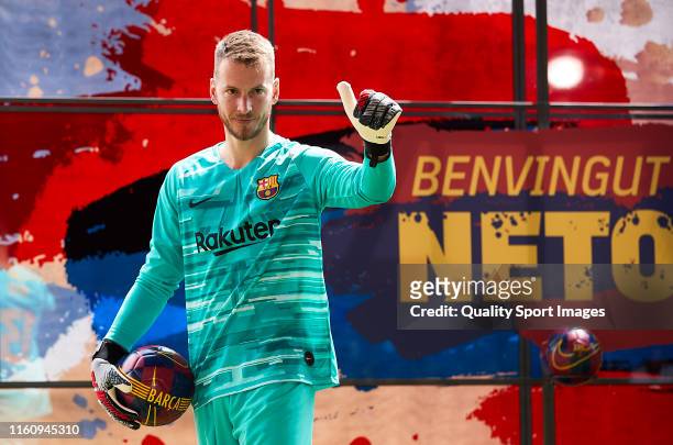 Norberto Murara Neto salutes during his unveiling for FC Barcelona at Camp Nou on July 09, 2019 in Barcelona, Spain.