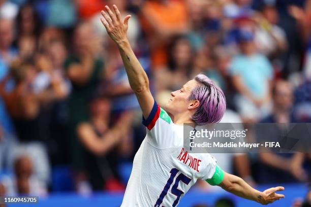 Megan Rapinoe of the USA celebrates after scoring a goal during the 2019 FIFA Women's World Cup France Final match between The United State of...