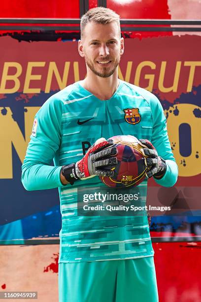 Norberto Murara Neto poses during his unveiling for FC Barcelona at Camp Nou on July 09, 2019 in Barcelona, Spain.